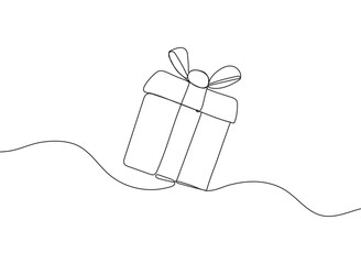 Continuous one line drawing of a holiday gift box with a bow and ribbon. Minimalist design