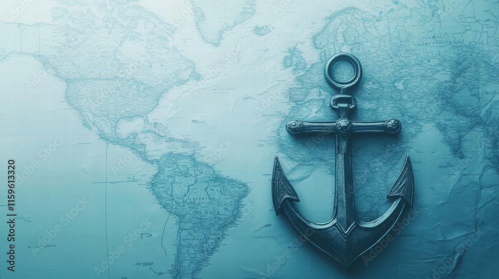 Poster Nautical anchor resting on a detailed map of the world, showcasing adventure and exploration opportunities. Generative AI