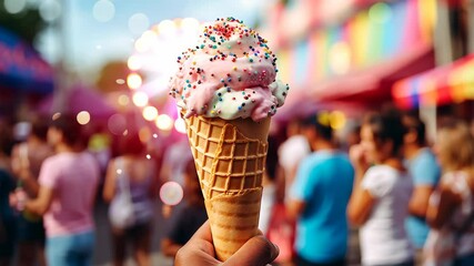 Video with melting ice cream cone with colorful sprinkles captures summer fun. People enjoy outdoor activities in a vibrant, sunny backdrop filled with joy and sweet treats