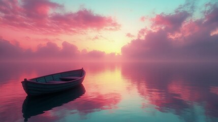 Fototapeta premium Serene sunset over calm waters with a single boat floating in pastel hues