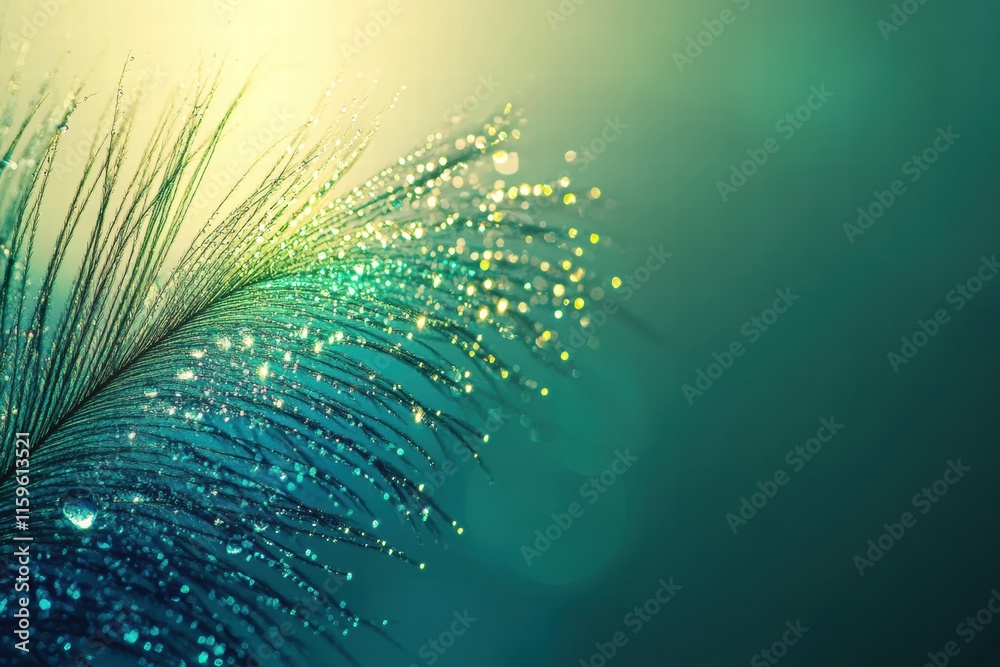Poster Colorful peacock feather glistens with fresh dew drops in a serene setting perfect for design projects. Generative AI