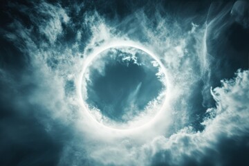 Clouds surround a bright circle in the sky, creating a captivating atmospheric phenomenon at dusk