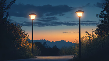 A serene scene featuring two modern street lamps illuminating a tranquil space under a twilight sky. Twilighted. Illustration