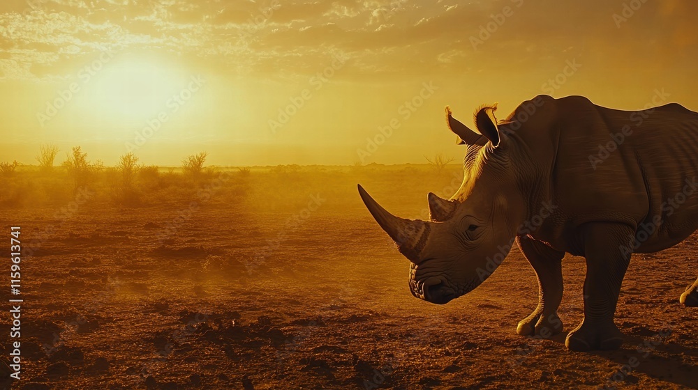 Poster rhino stands gracefully in a barren savanna during a golden sunset with ample space for text placeme