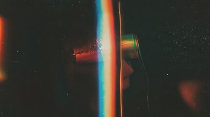 Light leaks rainbow overlay. Damaged grain screen gradient background. Glitch noise on black scratched texture with dust. Grunge abstract dusty scanned old film texture picture.