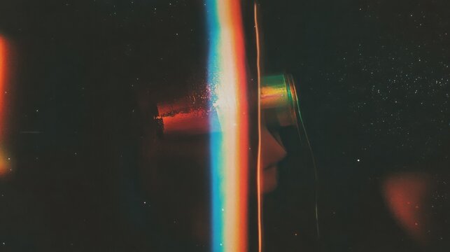 Light leaks rainbow overlay. Damaged grain screen gradient background. Glitch noise on black scratched texture with dust. Grunge abstract dusty scanned old film texture picture.