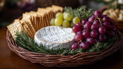 A beautiful cheese and cracker platter with grapes and herbs arranged for a festive gathering