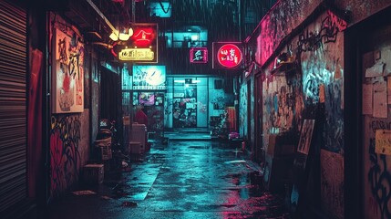 Obraz premium A dark alleyway in a cyberpunk city, filled with neon graffiti, flickering signs, and rain-soaked streets.