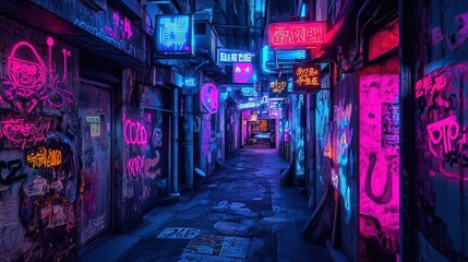 Naklejka premium A dark alley in a cyberpunk city, filled with neon graffiti and flickering holographic signs.