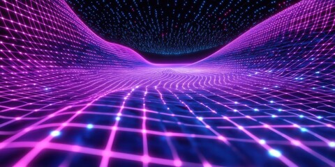 Abstract glowing neon circuits and paths in digital cyberspace, futuristic technological design with light grids"