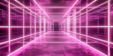 Abstract glowing neon circuits and paths in digital cyberspace, futuristic technological design with light grids"