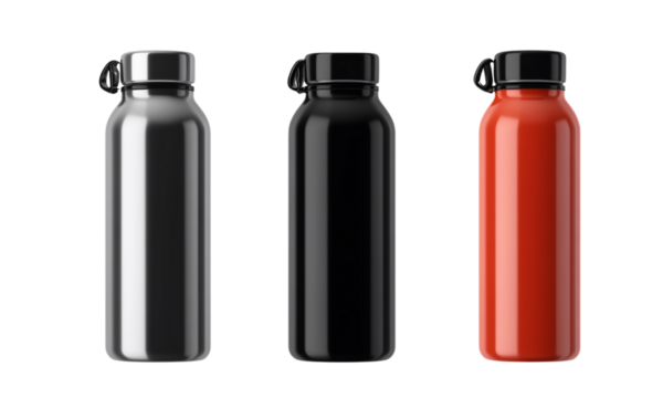 Three reusable water bottles in silver, black, and red colors.