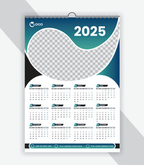 Single page wall calendar 2025 design template, modern and clean style vector one page calendar design 2025, a4 vector template