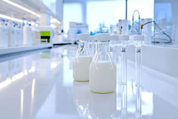 Glass containers on a clean lab counter signify the quest for knowledge in purity