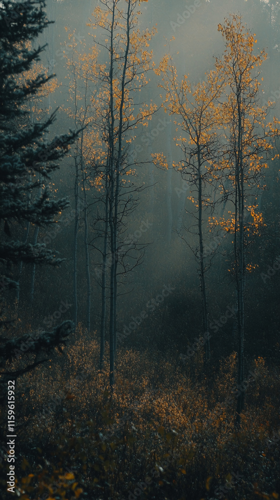 Poster autumn forest scene with misty atmosphere and bare trees