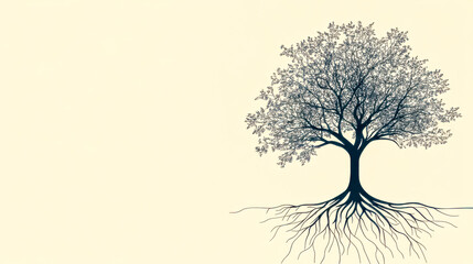 Minimalistic tree line drawing showing roots and branches on beige background