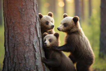 Obraz premium Adorable Brown Bear Cubs Climbing Tree in Summer Forest. She-Bear and Cubs enjoying Natural Habitat