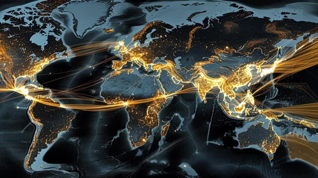 Illuminated lines depict busy shipping routes connecting major ports and cities across a darkened world map, highlighting global trade and interconnectedness