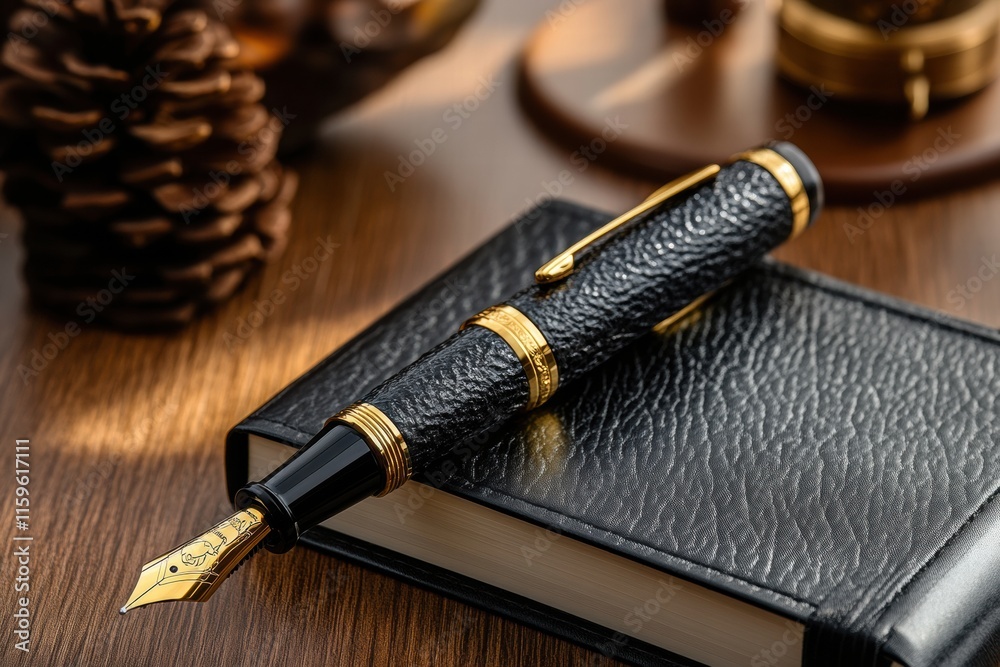 Aufkleber Luxury fountain pen with gold accents resting on a textured notebook in an elegant workspace setting. Generative AI