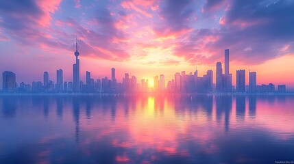 Radiant sunset and dramatic clouds create a breathtaking urban skyline view background image