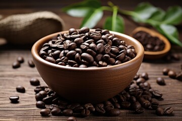 Fototapeta premium Aromatic Addiction: African Arabian Assorted Roasted Peaberry Arabica Coffee Beans on Wooden Background