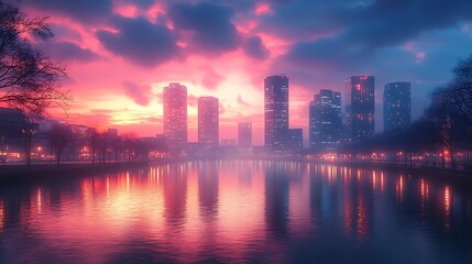 Fototapeta premium Radiant sunset illuminates dramatic clouds hovering above the vibrant urban skyline background image