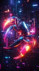 A neon scorpion on a digital background with lines and lights.