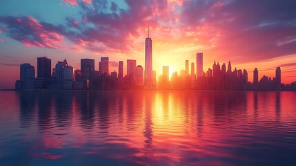 Fototapeta premium Stunning sunset highlights the glowing cityscape with peaceful river and landmarks background image