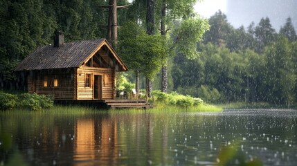 Obraz premium Log cabin style country house near a lake, soft drops of water falling from the roof generative ai