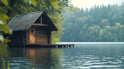 Fototapeta premium Log cabin style country house near a lake, soft drops of water falling from the roof generative ai