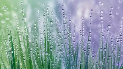 Close-up of wet grass blades adorned with water droplets against a colorful gradient background