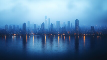 Fototapeta premium Vibrant lighting of modern city creates breathtaking reflections on serene water background image