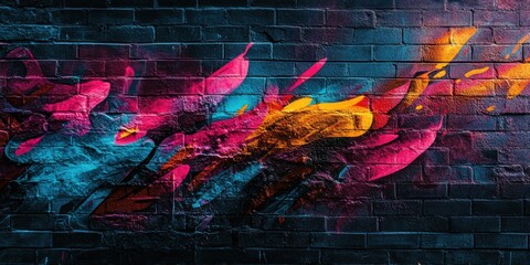 Obraz premium Neon color gradients lighting up a rough brick wall with abstract graffiti and street art