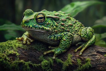 Vibrant green common toad in woodland setting with mosscovered log and soft light