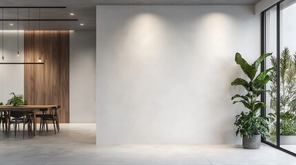 A minimalist dining room wall mockup featuring clean white walls, sleek black and wooden furniture, soft diffuse lighting creating balance, modern and harmonious mood, same place and same camera view