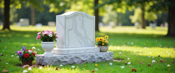 Serene marble gravestone surrounded by vibrant flowers in peaceful cemetery, remembrance