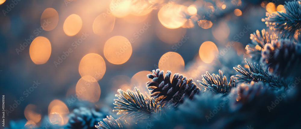 Poster frosty pinecones and bokeh lights creating a cozy winter atmosphere. winter background