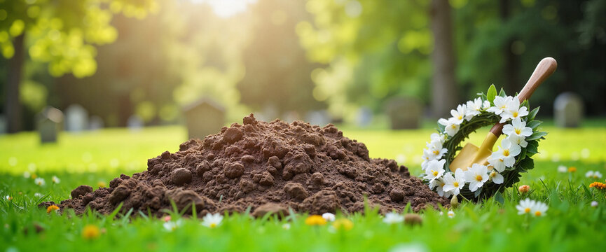 Serene graveside with freshly dug plot and white flowers, remembrance