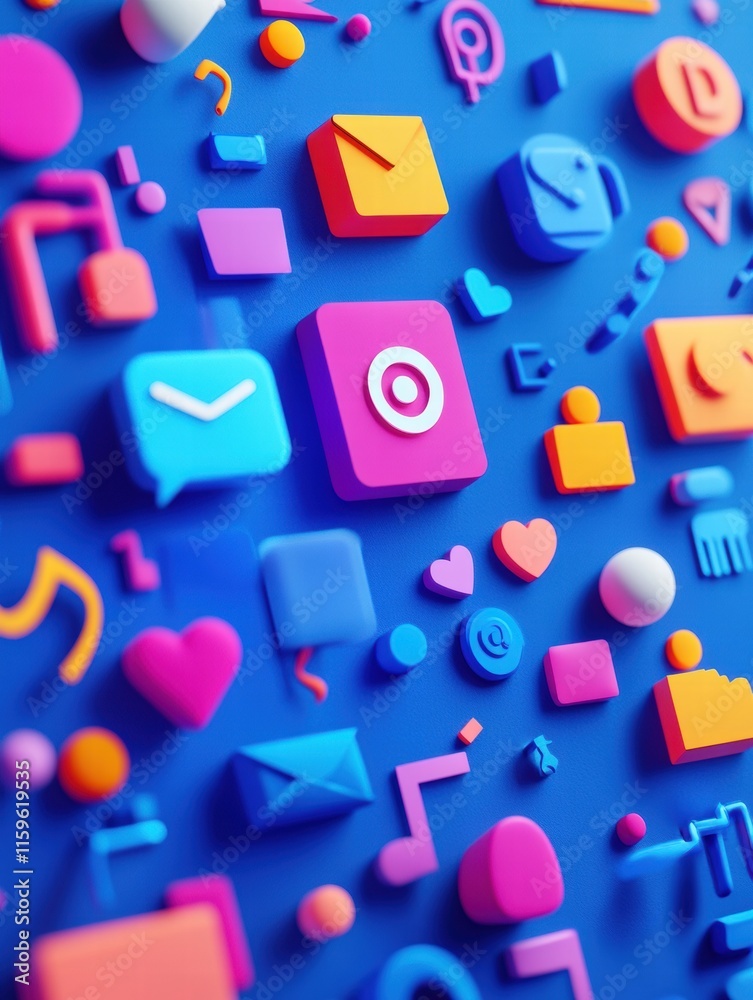 Poster Colorful social media icons create a vibrant digital landscape in a modern design setup. Generative AI