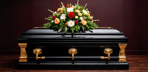 Luxurious black casket adorned with floral arrangement, farewell tribute