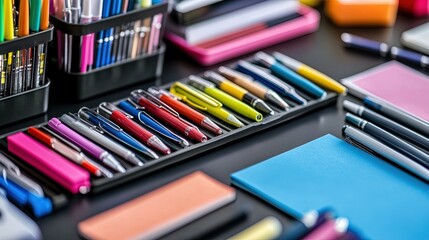 Fototapeta premium A close-up of office supplies like pens, notepads, and paperclips neatly arranged on a desk.
