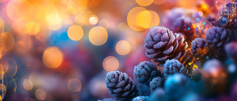 Poster frosted pinecones with glowing bokeh lights in a festive winter setting. winter background