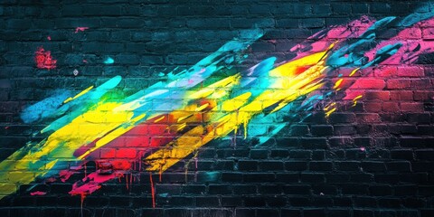 Neon green, yellow, and blue abstract art on a brick wall, artistic lighting effects, creative street look"