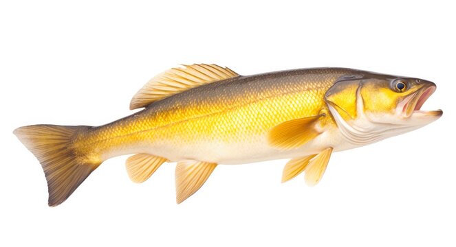 Big Walleye Fish on White Background. Freshwater Gold with Fin Profile in Color Image, Isolated in 16:9 Aspect Ratio