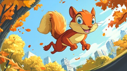 A cheerful cartoon squirrel leaps joyfully among autumn leaves in a vibrant city park.