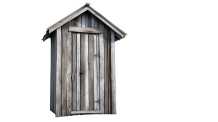 A lone, vintage wooden outhouse with a rustic charm is depicted on a white background.