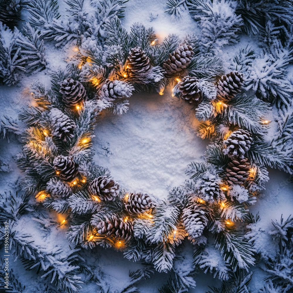 Poster frosty pinecone wreath with glowing warm lights on a snowy background. winter background