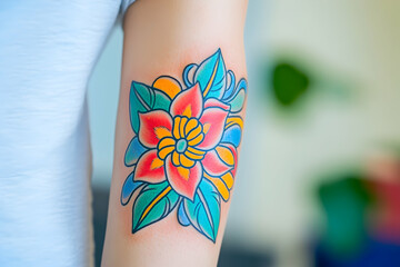 A vibrant flower tattoo with vivid leaves decorates a person\'s forearm, showcasing artistry
