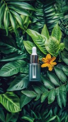 Green bottle surrounded by lush leaves in a natural setting showcasing eco-friendly products