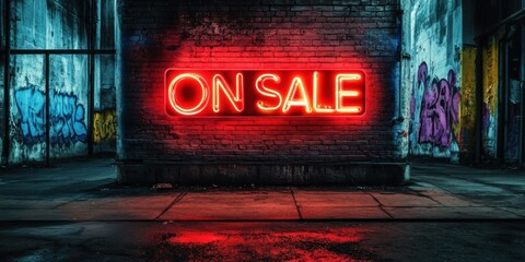 Naklejka premium Neon 'ON SALE' sign lighting up an industrial brick wall, graffiti street art background